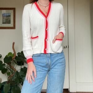 loft white cardigan with red and pink details